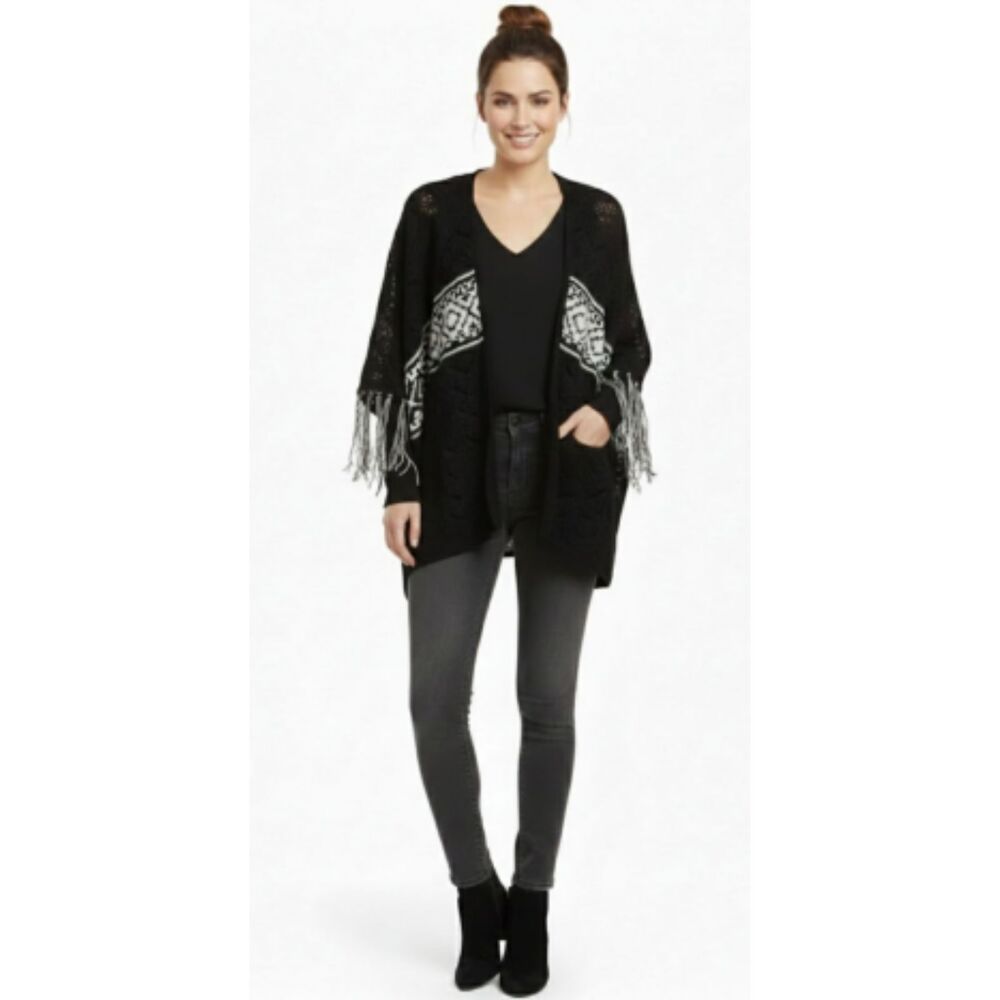 Poof Black Tribal Aztec Fringe Poncho Cardigan Open Front Batwing Cape Sweater M